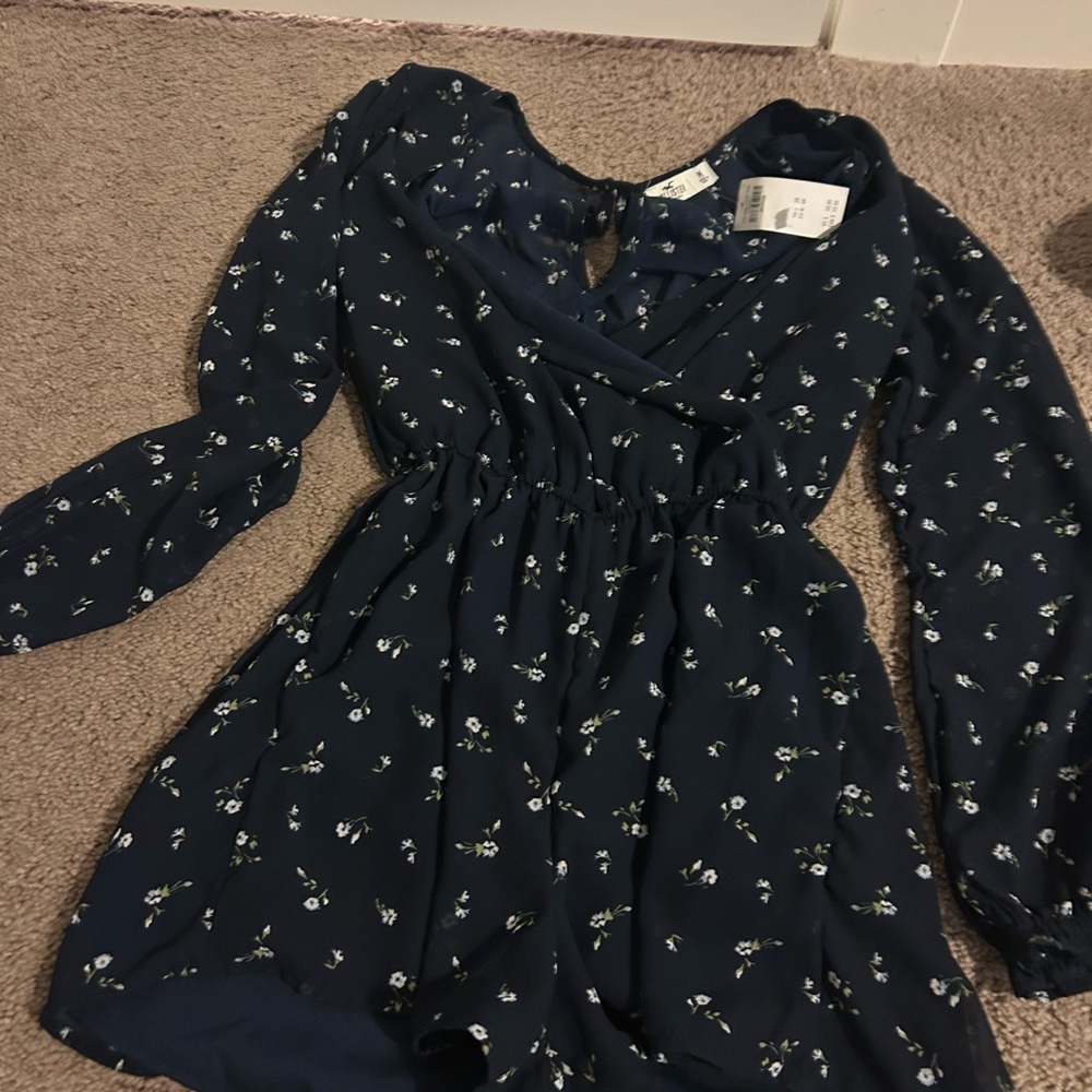 Hollister Deep Navy Blue A-line Dress with Long Bishop Sleeves and V-neck